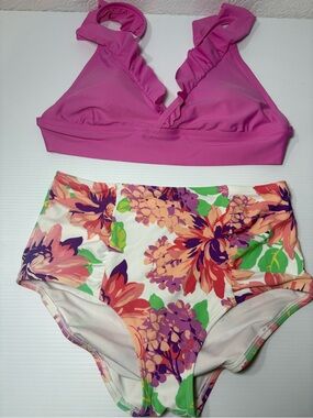 aerie Pink Ruffle Bikini Top with Floral High-Waist Bottoms